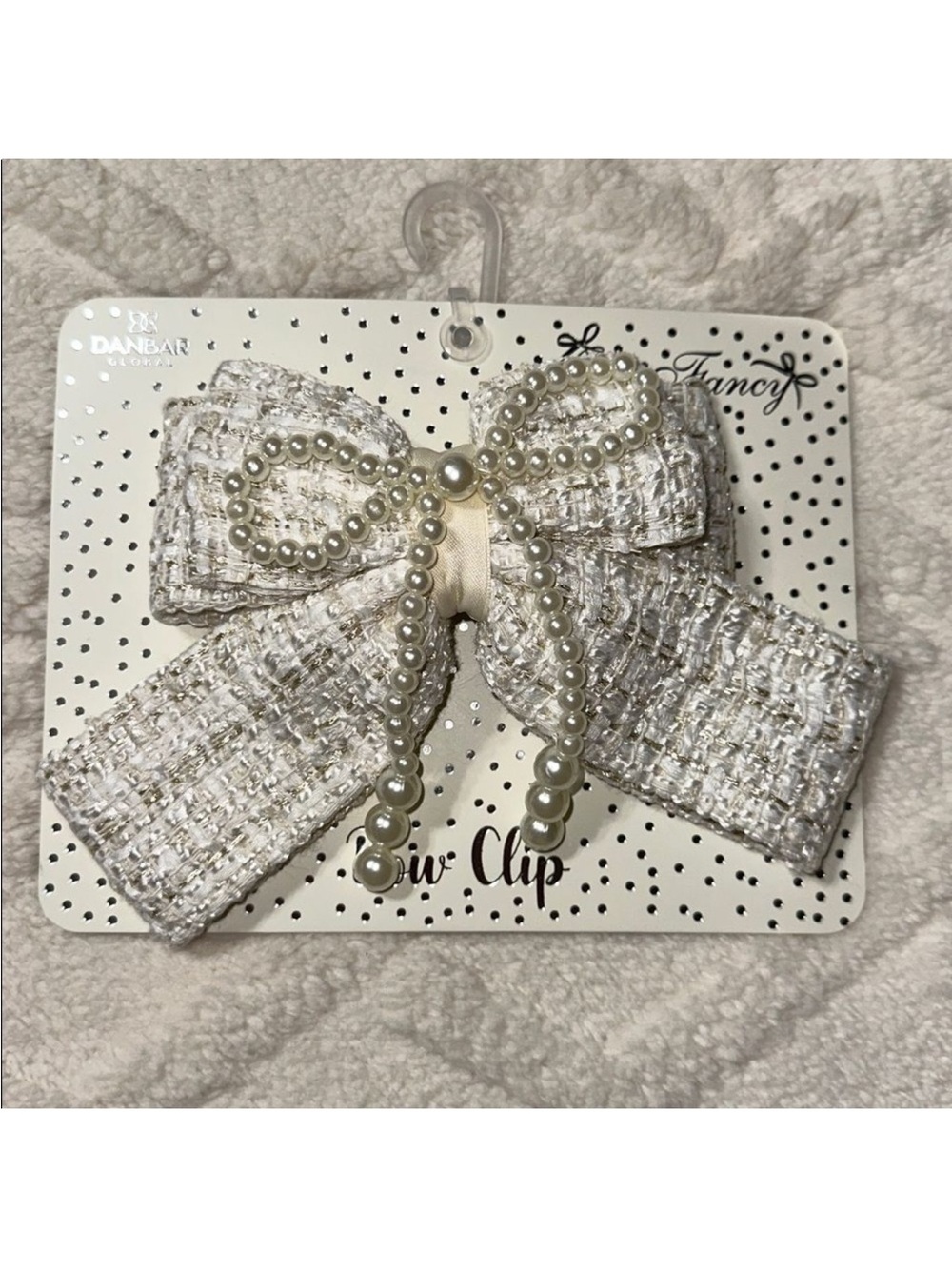 DANBAR GLOBAL Child Adult Ivory Gold White Tweed Faux Pearl Over Bow Hair Clip